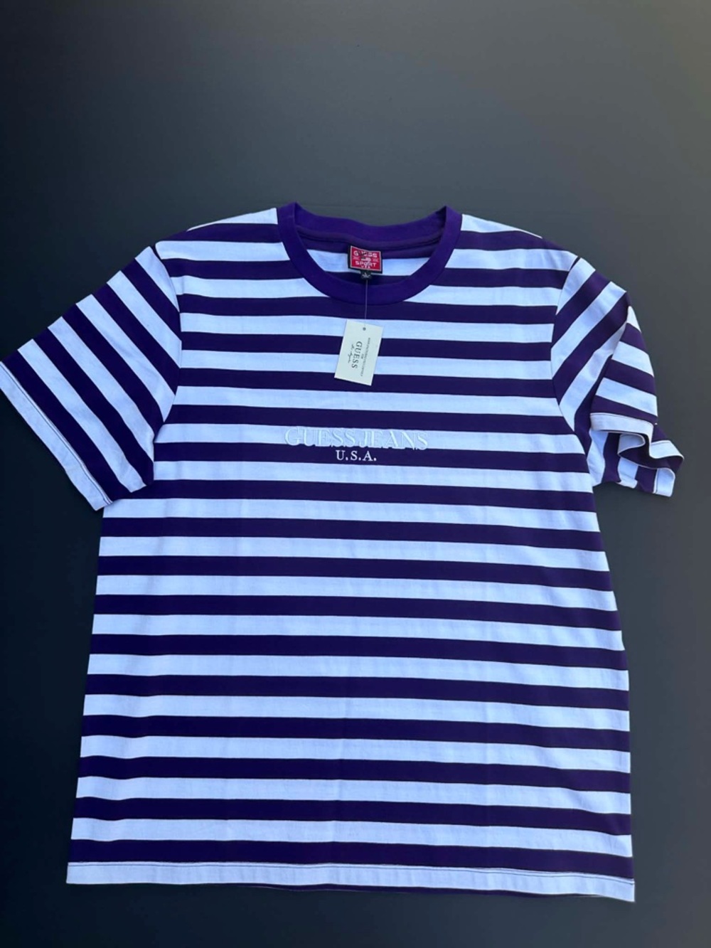 Guess Purple and White Striped Crewneck Tee